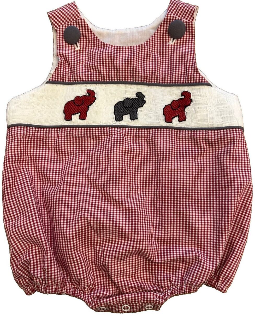 Busy Bees Smocks Univ. Of Alabama Elephant Smocked Crimson Gingham Romper Sz 3M